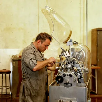 A factory worker diligently manages a machine, showcasing the precision and effort involved in industrial operations.