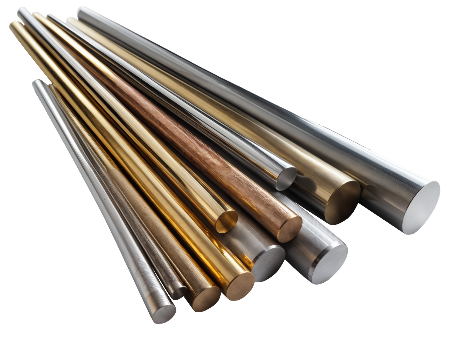 An assortment of metal rods of diverse types and lengths, displayed side by side against a neutral background.