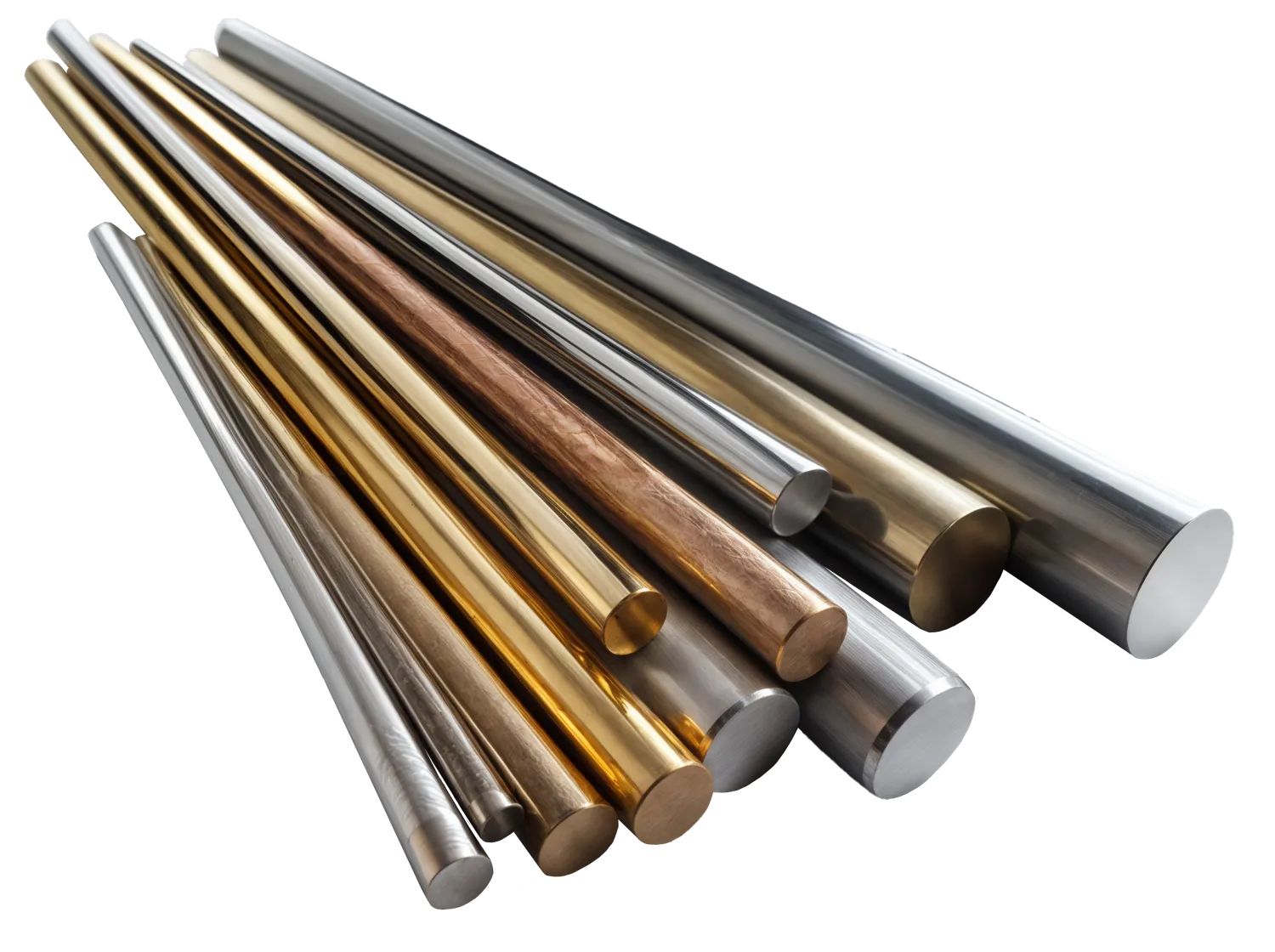 An assortment of metal rods of diverse types and lengths, displayed side by side against a neutral background.