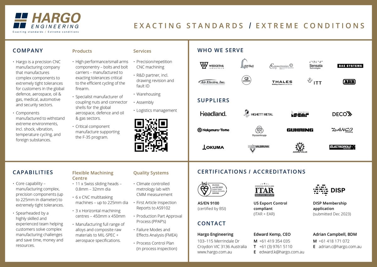 Page 1 of a quad chart providing an overview of Hargo Engineerings key services and capabilities