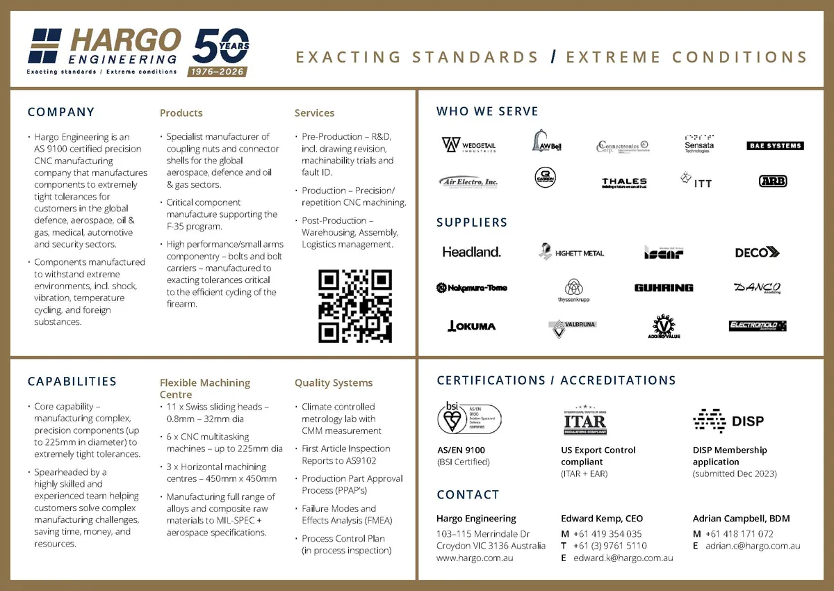 Page 1 of a quad chart providing an overview of Hargo Engineerings key services and capabilities