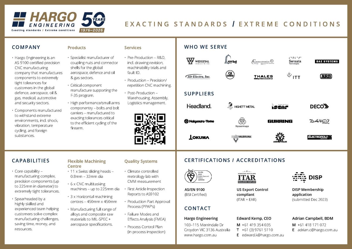 Page 1 of a quad chart providing an overview of Hargo Engineerings key services and capabilities